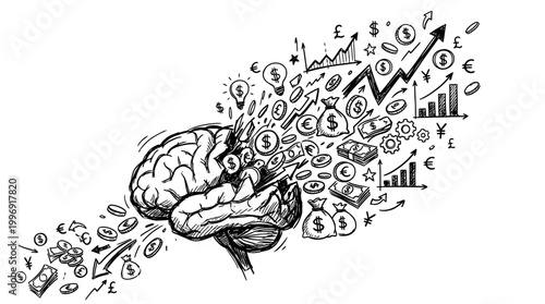Conceptual illustration of human brain generating financial growth and investment ideas.