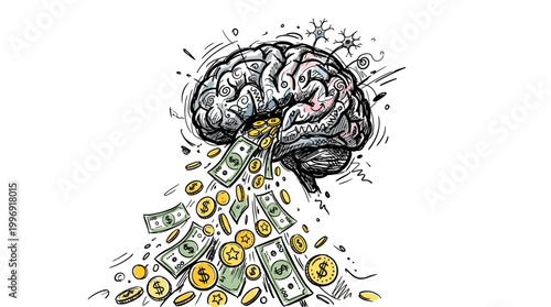 Illustration of a human brain generating money and wealth.