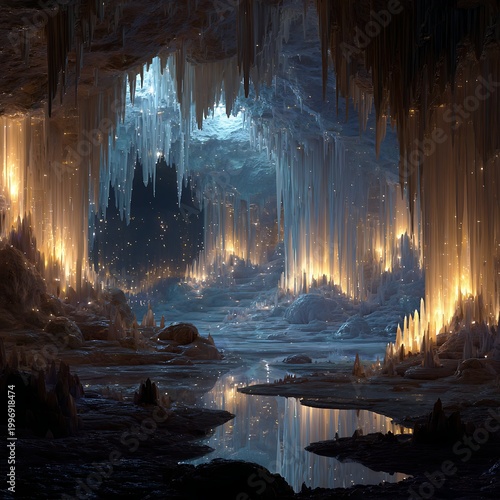 Illuminated cave with stalactites and a subterranean lake, AI generated