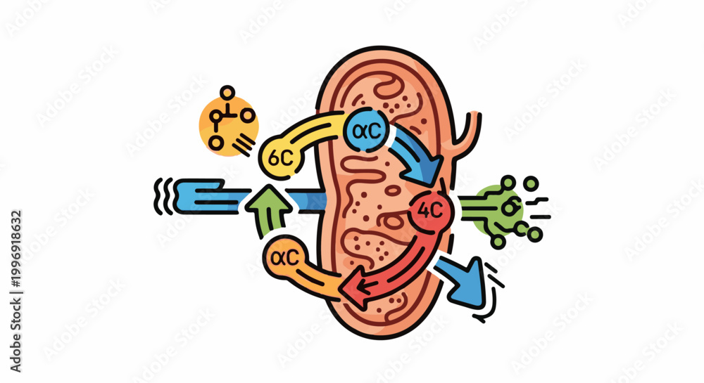 Fototapeta premium Cartoon diagram of a cell organelle with chemical cycle arrows and nodes