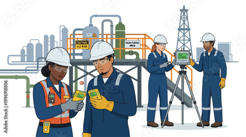 Diverse Industrial Workers Monitoring Oil and Gas Facility Safety with Gas Detection Equipment
