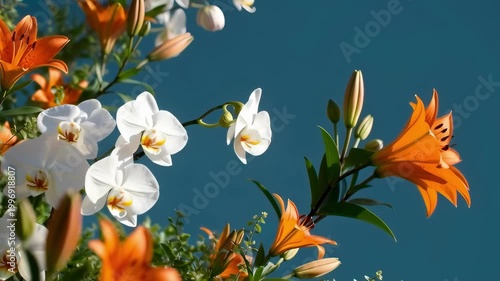 Orange lilies and white orchids blooming against a deep blue sky, cinematic slow motion footage of flowers swaying in the breeze, vibrant floral nature background