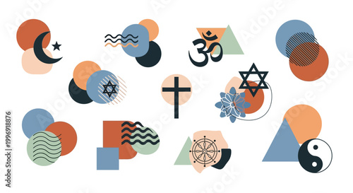 World Religion Symbols Collection with Modern Geometric Shapes and Abstract Elements