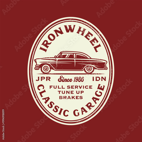 Vintage distressed oval badge logo for classic car garage with retro sedan illustration, service details, cream on dark red. Est. 1986.
