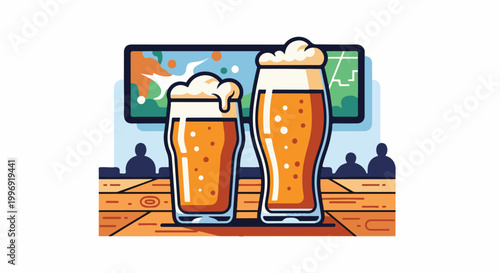 Two frothy beers sit on a bar in front of a screen displaying a game