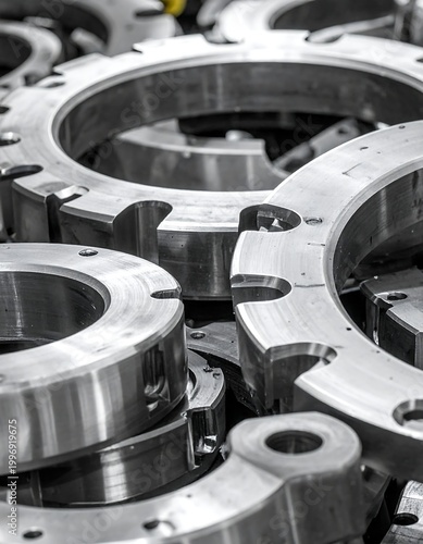Close-up of several large, metallic circular mechanical parts with varied shapes, textures, and shiny surfaces, stacked