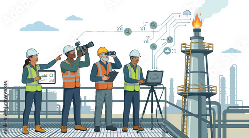 Industrial Inspection Team Monitoring Oil Refinery Operations with Data Analysis and Safety Checks