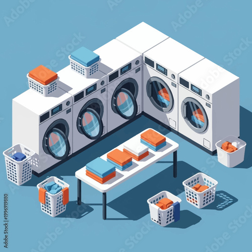 Isometric illustration of laundry equipment and supplies.