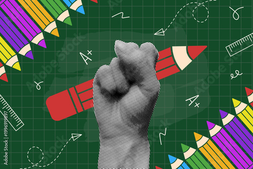 Back to School horizontal banner. Vector Halftone Collage hand with pen and doodle School elements on checkered green School board backdrop. EPS 10