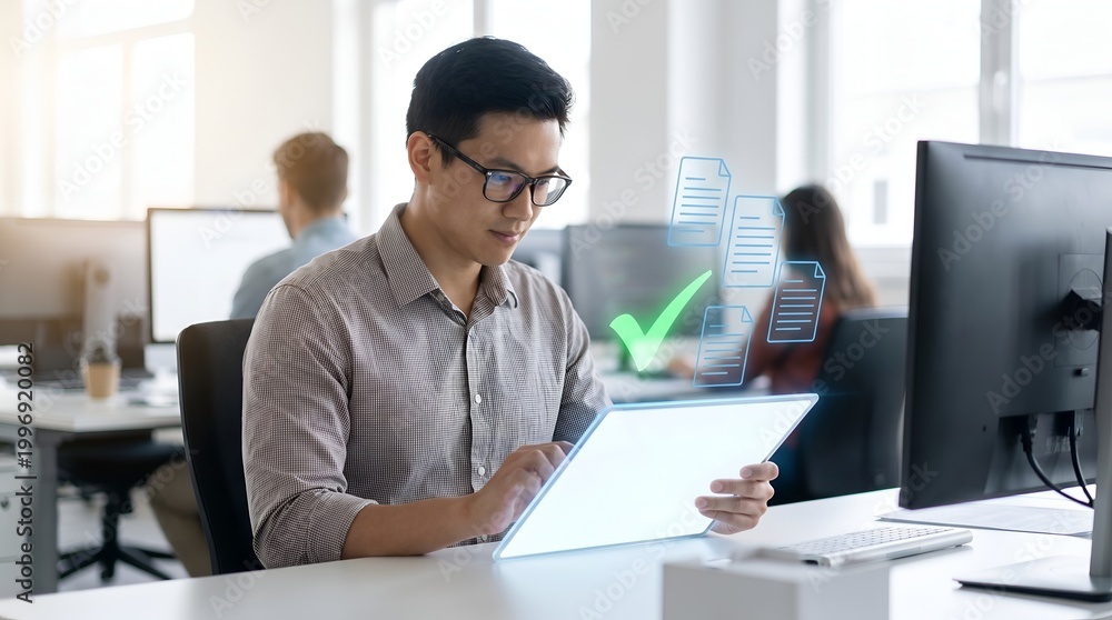 Fototapeta premium A young Asian man using a tablet at his desk in a modern office environment with coworkers in the background.