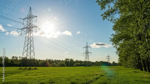 Electrical pylons in a green meadow under a bright summer sun, cinematic slow motion footage of power lines stretching across a rural landscape