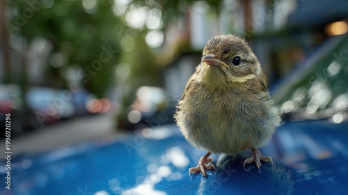 Fledgling bird resting on a blue car roof with soft urban background