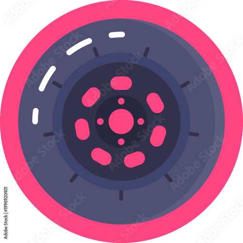 A circular racing tyre with visible tread patterns, representing speed, grip, and performance.