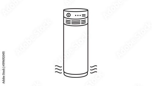 Minimalist Air Purifier Vector Icon Illustration, Sleek Black Line Art of a Tall Cylindrical Home Appliance for Clean Air and Filtration, Editable Stroke Vector for Modern Interior Design Apps.