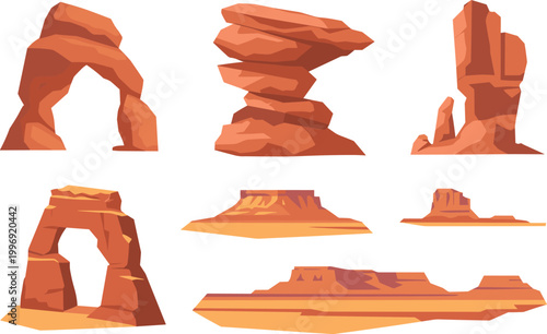 Desert rock formations set, canyon arches cliffs mesas landscape, cartoon vector illustration isolated design collection