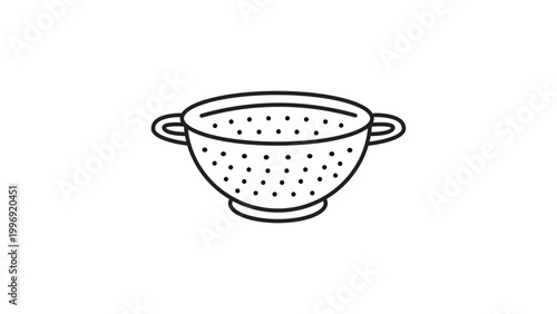 Minimalist Colander Vector Icon with Editable Stroke. A clean black line illustration of a kitchen strainer or sieve with handles, perfect for cooking apps, food blogs, and culinary designs.