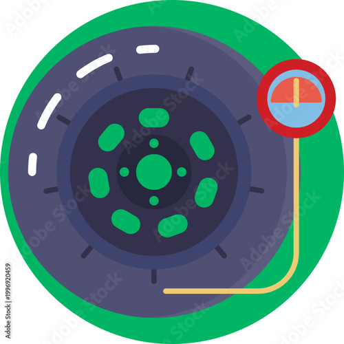 A stylized tire with a small pressure gauge overlay, indicating real-time monitoring of tire pressure levels.