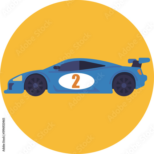 A simplified front-facing racing car with wide tires, a prominent spoiler, and bold geometric shapes, giving a powerful and competitive look.
