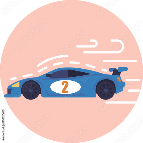 A compact racing car angled forward, featuring motion lines behind it and exaggerated aerodynamic shapes to convey high speed and movement.