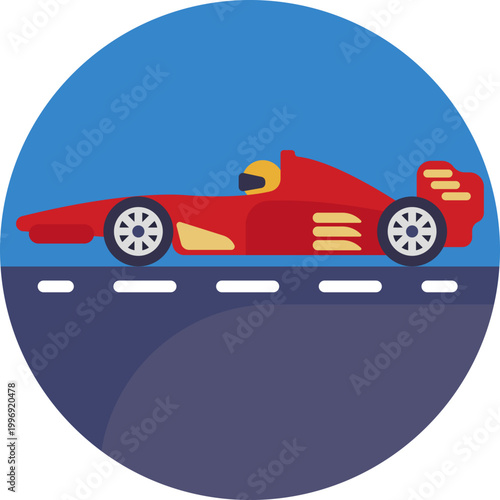 A compact, solid silhouette of a race car featuring a streamlined shape, prominent spoiler, and exaggerated wheel arches for a dynamic look.