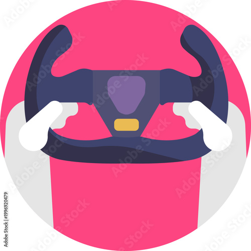 A circular steering wheel with three evenly spaced spokes radiating from the center, representing control and driving.