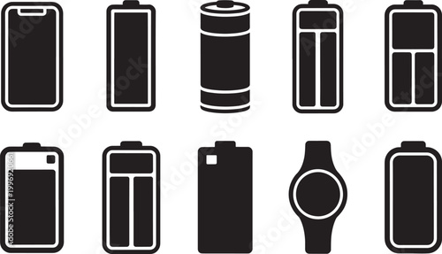 Battery and device silhouette icon set showing charging levels, smartphone power indicators and energy symbols collection for technology, UI and app design