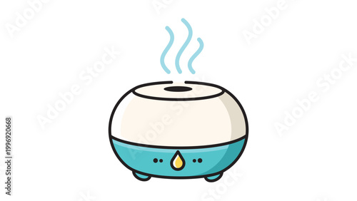 Modern Flat Vector Icon Illustration of a Round Ceramic Oil Diffuser and Humidifier with Mist and Droplet Detail, Featuring Editable Stroke for Customizable Line Weight on White Background.