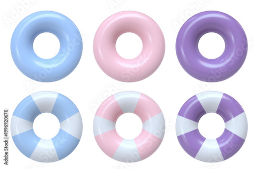 Set of colorful 3D inflatable swim rings in glossy pastel blue, pink and purple. Includes solid colors and striped patterns. Pool floats isolated vector icons, clean front view for summer designs.