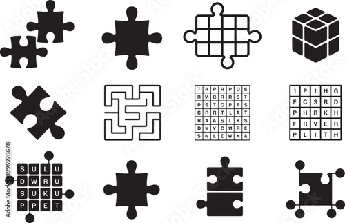 Puzzle silhouette collection with jigsaw pieces, maze and word search icons set for brain games, education, logic challenges and problem solving design elements