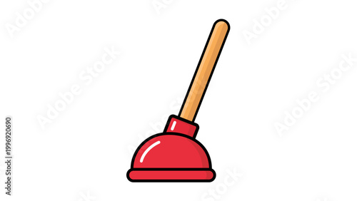 Fotografie Modern Flat Vector Icon of a Red Rubber Cup Plunger with a Wooden Handle on a White Background, Featuring an Editable Stroke for Customizable Line Weight, Ideal for Plumbing and Cleaning Design