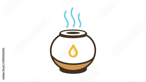 Round Ceramic Essential Oil Diffuser with Blue Mist and Yellow Oil Drop, Modern Flat Vector Icon for Aromatherapy and Wellness, Editable Stroke Illustration on White Background for Spa Design.