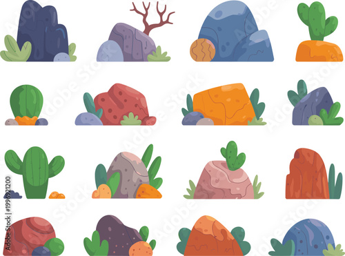 Desert rocks and cactus set, arid landscape elements collection, nature vector illustration isolated design