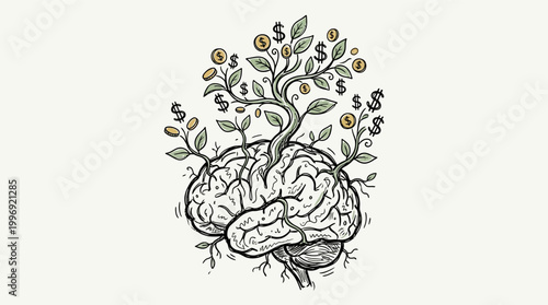 Sketch of a human brain growing a money tree with dollar signs.