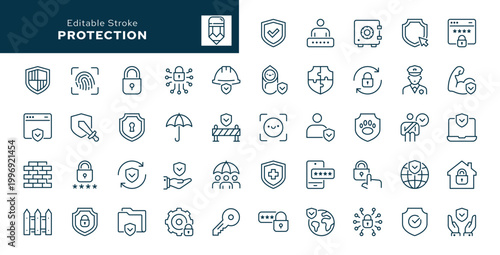 Protection. Set of outline icons. Security, shield, lock, guard, umbrella, alarm, code, password, fence, safe and more. Line icon in linear style. Vector collection	