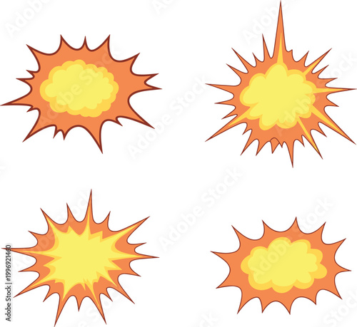 Explosion burst set, comic style blast effects, fire energy vector illustration collection isolated