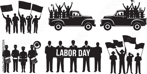 Labor Day, holiday icons, black silhouettes, protest signs, truck demonstrations isolated on Transparent Background