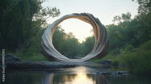 A large, abstract sculpture of a ring is situated in a forest, with a body of water reflecting its form.