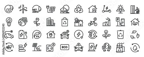 Green city web icons in line style. Green energy, autonomous building, efficient, environment, recycle technology, renewable solar, collection. Vector illustration. 