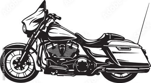 Vintage touring motorcycle vector illustration, classic black and white cruiser motorbike silhouette, heavy custom bagger bike with saddlebags