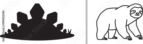 Stegosaurus dinosaur silhouette and sloth line art vector illustration isolated on white background