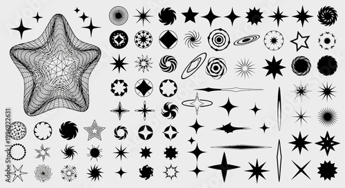 Retro futuristic star shapes and y2k brutalist icons, set of 70 black geometric vector elements, minimalist celestial sparkles and wireframe stars