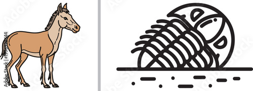Wild horse illustration and prehistoric trilobite fossil icon isolated on white background