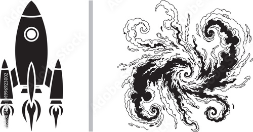 Black rocket ship silhouette launching with swirling cosmic smoke cloud vector illustration isolated on white background