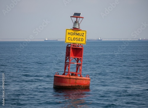 Red navigation buoy with hormuz closed warning sign floating in the sea