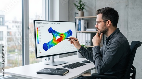 Caucasian male mechanical engineer performing finite element analysis on automotive part at home