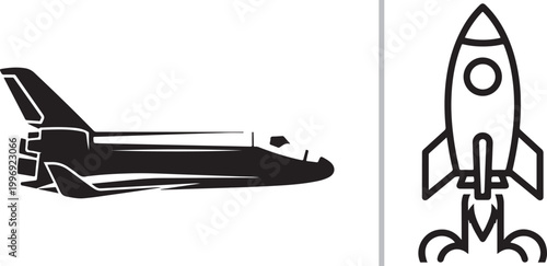 Space shuttle and rocket ship vector icons set isolated on white background for space exploration and startup launch concepts