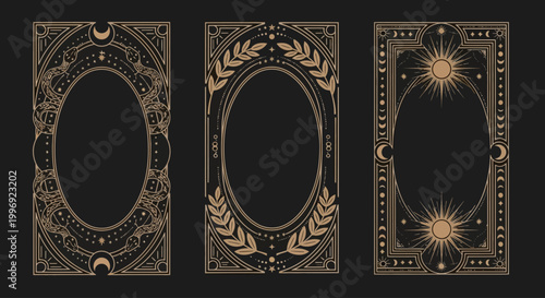Mystical celestial tarot card frames, set of 3 ornate gold and black vector borders, esoteric sun and moon astrology decorative elements