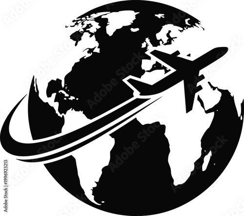 Black and white globe with airplane vector illustration, international travel symbol, worldwide connectivity, global tourism, aviation, transport, journey, vacation concept