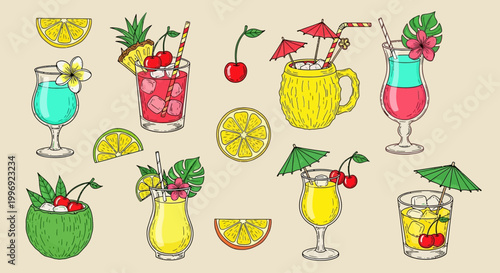 Tropical summer cocktail vector set, hand drawn tiki bar drinks with exotic fruit garnishes, colorful beach party beverage illustrations