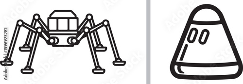Lunar lander and space capsule command module line art icons isolated on white background